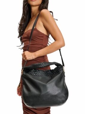 Moda Luxe Black Soft Vegan Leather Woven-Top Shoulder Bag